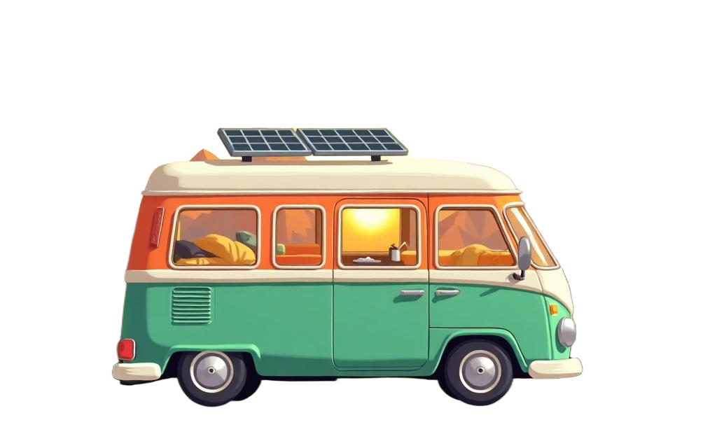 Camper van conversion cost estimator — cartoon illustration of a converted campervan